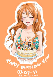 Rule 34 | 10s, 1girl, 2011, :d, bad id, bad pixiv id, bare shoulders, breasts, brook (one piece), cake, candle, character doll, character name, cleavage, dated, closed eyes, fire, fire, food, franky (one piece), happy, happy birthday, highres, large breasts, long hair, monkey d. luffy, mono land, nami (one piece), nico robin, objectification, one piece, open mouth, orange hair, roronoa zoro, sanji (one piece), smile, solo, tony tony chopper, usopp, wavy hair