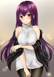 Rule 34 | 1girl, :/, arm under breasts, blush, breasts, commentary request, fate/grand order, fate (series), hair intakes, highres, large breasts, light blush, long hair, looking at viewer, pantyhose, purple hair, red eyes, ribbed sweater, scathach (fate), scathach (fate), shawl, simple background, sleeveless, solo, sweater, taruton (konritu0821), turtleneck, turtleneck sweater
