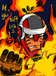 Rule 34 | 1boy, android, armor, fire, green eyes, hairband, male focus, pyrogen (mighty no. 9), mighty no. 9, no humans, pyrogen (mighty no. 9), red theme, robot, simple background, solo