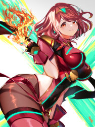 Rule 34 | 1girl, black gloves, bob cut, breasts, earrings, female focus, fingerless gloves, gloves, green nails, highres, jewelry, large breasts, leggings, matching hair/eyes, nail polish, nintendo, pantyhose, pantyhose under shorts, pyra (xenoblade), red eyes, red hair, red shorts, red thighhighs, short hair, short shorts, shorts, smile, solo, super smash bros., thighhighs, thighs, tiara, xenoblade chronicles (series), xenoblade chronicles 2, youmou usagi