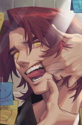 Rule 34 | 1boy, casual, close-up, contemporary, finger in own mouth, hel0205, highres, long sideburns, looking at viewer, male focus, medium hair, parted bangs, red hair, short hair, sideburns, solo, teeth, thick eyebrows, tonbokiri (touken ranbu), tongue, tongue out, touken ranbu, yellow eyes