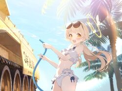 Rule 34 | 1girl, absurdres, artist request, bikini, blue archive, crusader (tank), frilled bikini, frills, game cg, halo, hifumi (blue archive), hifumi (swimsuit) (blue archive), highres, holding, holding hose, hose, lens flare, light brown hair, long hair, looking at viewer, low twintails, military, military vehicle, motor vehicle, non-web source, official alternate costume, official art, outdoors, palm tree, ribbon-trimmed swimsuit, ribbon trim, sky, solo, swimsuit, tank, tree, twintails, washing vehicle, water, wet, white bikini, yellow eyes, yellow halo