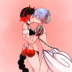 Rule 34 | 10s, 2girls, absurdres, bikini, blue hair, chain, coatifan, closed eyes, highres, hug, kiss, mahou shoujo ikusei keikaku, mahou shoujo ikusei keikaku jokers, multicolored hair, multiple girls, pink background, princess deluge, princess inferno, red hair, scorpion tail, short hair, simple background, surprised, swimsuit, tail, two-tone hair, yuri
