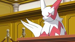 Rule 34 | ace attorney, column, commentary request, creatures (company), frown, furry, game freak, gen 3 pokemon, highres, indoors, matchstick 39, nintendo, no humans, pillar, pokemon, pokemon (creature), rope, tail, white fur, zangoose