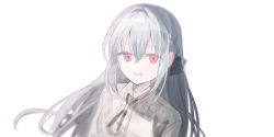Rule 34 | 1girl, :d, black bow, bow, braid, chihuri, collared shirt, dress shirt, eve (chihuri), grey hair, grey shirt, hair between eyes, hair bow, highres, long hair, looking at viewer, open mouth, original, red eyes, shirt, simple background, smile, solo, upper body, white background