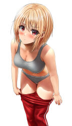 Rule 34 | 1girl, blonde hair, blush, breasts, cleavage, clothes pull, commentary request, feet out of frame, grey panties, grey sports bra, highres, large breasts, leaning forward, looking at viewer, navel, original, panties, pants, pants pull, parted lips, red eyes, red pants, short hair, simple background, solo, sports bra, standing, track pants, underwear, undressing, white background, yukemuriganmo