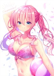 Rule 34 | 1girl, absurdres, ahoge, arm up, ball, bare shoulders, beachball, bikini, blush, breasts, carrying, carrying under arm, cleavage, closed mouth, collarbone, commentary request, front-tie bikini top, front-tie top, green eyes, hair between eyes, highres, long hair, looking at viewer, medium breasts, navel, original, petals, pink hair, pk (mukasihasakana), print bikini, purple bikini, sidelocks, signature, smile, solo, swimsuit, transparent, twintails, wet, white background