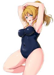 Rule 34 | 1girl, :d, absurdres, arm behind head, armpits, arms up, ayase eli, blonde hair, blue eyes, blue one-piece swimsuit, blush, breasts, cameltoe, cleft of venus, competition school swimsuit, covered navel, high ponytail, highres, knee up, large breasts, leg up, long hair, looking at viewer, love live!, love live! school idol project, narrow waist, one-piece swimsuit, open mouth, plump, school swimsuit, shinonon (iso shino), simple background, skin tight, skindentation, smile, solo, spaghetti strap, swimsuit, thick thighs, thighs, white background, wide hips