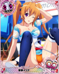 Rule 34 | 1girl, ahoge, blush, breasts, card (medium), character name, chess piece, cleavage, female focus, high school dxd, large breasts, long hair, looking at viewer, official art, one eye closed, orange hair, orange panties, panties, purple eyes, rook (chess), shidou irina, shirt, solo, t-shirt, tongue, tongue out, trading card, twintails, underwear, very long hair, wet, wet clothes, wink
