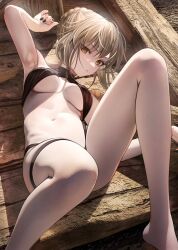 Rule 34 | 1girl, alternate costume, armpits, artoria pendragon (all), artoria pendragon (fate), bikini, black bikini, black nails, blonde hair, braid, breasts, closed mouth, commentary, duplicate, fate/grand order, fate/stay night, fate (series), fingernails, french braid, highres, looking at viewer, lying, nanaken nana, navel, saber alter, shadow, short hair, small breasts, solo, stomach, swimsuit, yellow eyes