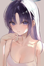Rule 34 | 1girl, blue archive, blush, breasts, camisole, closed mouth, collarbone, fingernails, halo, highres, light smile, long hair, looking at viewer, medium breasts, purple eyes, purple hair, rine (rine on), simple background, solo, straight hair, upper body, white camisole, yuuka (blue archive)