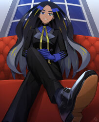 Rule 34 | 1girl, black footwear, black hair, black jacket, black pants, blue eyes, blue gloves, blue shirt, commentary request, couch, creatures (company), crossed legs, from below, game freak, geeta (pokemon), gloves, highres, indoors, interlocked fingers, jacket, long hair, looking at viewer, min (myna8247), neck ribbon, nintendo, own hands together, pants, parted lips, pokemon, pokemon sv, ribbon, shirt, shoe soles, shoes, sitting, smile, socks, solo, window, yellow ribbon