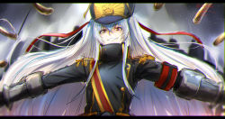 Rule 34 | 10s, 1girl, altair (re:creators), floating object, floating sword, floating weapon, gauntlets, grin, hair between eyes, hat, isshiki (ffmania7), letterboxed, long hair, military, military hat, military uniform, multiple swords, outstretched arms, parted lips, re:creators, red eyes, smile, smirk, solo, sword, two side up, uniform, upper body, weapon