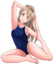 Rule 34 | 1girl, armpits, breasts, brown hair, highres, love live!, love live! school idol project, minami kotori, school swimsuit, simple background, small breasts, swimsuit, tagme, wewe, white background, yellow eyes