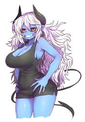 Rule 34 | 1girl, alternate costume, aoi hada no ten&#039;in to shiawasena tomodachi, black horns, black sclera, black shorts, black tank top, blue skin, blush, breasts, cleavage, colored sclera, colored skin, cropped legs, demon girl, demon horns, hands on own hips, highres, horns, koike (aoi hada no ten&#039;in to shiwasena tomodachi), large breasts, long hair, looking at viewer, red eyes, sharp teeth, shorts, smile, tank top, teeth, thighs, white background, white hair, zyugoya