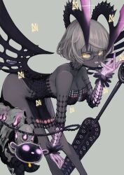 Rule 34 | 1girl, absurdres, animal skull, baphomet (fate), bare shoulders, bent over, black dress, breasts, cleavage, dark-skinned female, dark skin, demon girl, dress, fate/grand order, fate (series), feet out of frame, glasses, grey background, grey hair, highres, horns, jacques de molay (foreigner) (fate), jacques de molay (foreigner) (third ascension) (fate), kanbara erika, looking at viewer, medium breasts, short dress, short hair, tongue, tongue out, yellow eyes