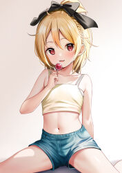 Rule 34 | 1girl, bare arms, bare shoulders, black bow, blonde hair, blue shorts, bow, braid, brown background, brown camisole, camisole, candy, collarbone, commentary request, commission, felt (re:zero), food, gradient background, hair between eyes, hair bow, highres, holding, holding candy, holding food, holding lollipop, lollipop, looking at viewer, navel, pixiv commission, re:zero kara hajimeru isekai seikatsu, red eyes, short shorts, shorts, smile, solo, spread legs, white background, yan (nicknikg)