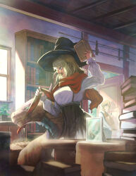 Rule 34 | 2girls, absurdres, bag, black skirt, blonde hair, blue eyes, book, book stack, bookshelf, bread, day, dragon, food, green eyes, grocery bag, hat, highres, holding, holding book, indoors, long hair, long sleeves, mouth hold, multiple girls, open door, original, photo (object), plant, polearm, potted plant, red scarf, scarf, shirt, shopping bag, shouting, skirt, spear, sunlight, suspenders, table, weapon, white shirt, window, witch, witch hat, yamaoka d1