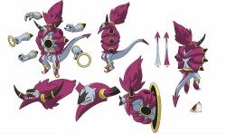 Rule 34 | 1boy, 2015, character sheet, claws, creatures (company), demon tail, earrings, extra arms, fangs, full body, game freak, gen 6 pokemon, hoop earrings, hoopa, hoopa (unbound), horns, jewelry, legendary pokemon, legs apart, multiple views, mythical pokemon, nintendo, no humans, official art, open mouth, pokemon, pokemon (creature), pokemon the movie: hoopa and the clash of ages, pokemon xy (anime), red eyes, sharp teeth, solo, source request, tail, teeth, white background