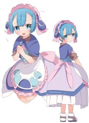 Rule 34 | 1boy, apron, back bow, blue bow, blue bowtie, blue capelet, blue dress, blue eyes, blue hair, blush, bow, bowtie, brown footwear, brown sleeves, capelet, closed mouth, dress, frilled dress, frills, highres, looking at viewer, made in abyss, maid, maid apron, maid headdress, male focus, maruruk, multiple views, open mouth, own hands together, pink bow, puffy short sleeves, puffy sleeves, shoes, short hair, short sleeves, simple background, smile, solo, trap, uis0, wavy hair, whistle, white background, yellow pupils