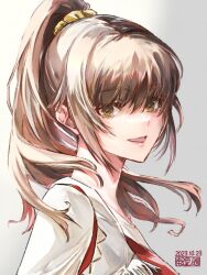 Rule 34 | 1girl, :d, breasts, brown eyes, brown hair, dated, ellen carson, erinoshin, highres, long hair, looking at viewer, medium breasts, open mouth, ponytail, romancing saga 3, saga, simple background, smile, solo, white background