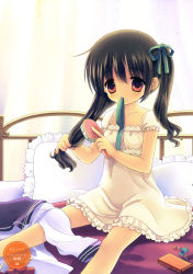Rule 34 | 1girl, absurdres, artist name, bed, black hair, brushing hair, brushing own hair, cellphone, collarbone, dress, food, hair brush, hair ribbon, highres, mouth hold, non-web source, original, phone, pillow, red eyes, ribbon, scan, sitting, solo, sweets, twintails, wano
