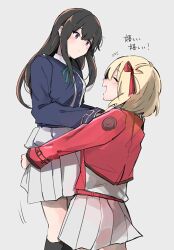 Rule 34 | 2girls, black hair, blonde hair, blue dress, blush, chisato carrying takina (lycoris recoil), closed eyes, closed mouth, commentary request, dress, grey background, hands on another&#039;s shoulders, highres, inoue takina, long hair, long sleeves, looking at another, lycoris recoil, lycoris uniform, medium hair, moku96, multiple girls, nishikigi chisato, notice lines, open mouth, purple eyes, red dress, simple background, smile, translation request