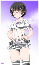 Rule 34 | 1girl, black hair, blush, crotch seam, dolphin shorts, female focus, frills, frown, grey eyes, hair ornament, hands on own hips, highres, looking at viewer, navel, noto (soranoto), original, purple background, red-framed eyewear, see-through, semi-rimless eyewear, short hair, shorts, solo, striped clothes, striped shorts, striped thighhighs, thighhighs, x hair ornament