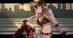 Rule 34 | 1girl, arm on knee, belt, black belt, black gloves, black thighhighs, blush, breasts, cityscape, cleavage, cleavage cutout, clothing cutout, commentary request, cropped jacket, crosswalk, epaulettes, fingerless gloves, gloves, goggles, goggles on head, green eyes, green hair, gumi, hair between eyes, highres, invisible (vocaloid), jacket, kamikawa celery, looking at viewer, medium breasts, midriff, partial commentary, short hair, shorts, sleeves rolled up, solo, thighhighs, torn clothes, torn thighhighs, vocaloid, white shorts
