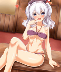 Rule 34 | 1girl, :d, alternate costume, arm support, beret, bikini, blue eyes, blurry, blurry background, blush, breasts, cleavage, collarbone, crossed legs, hair between eyes, hand to own mouth, hat, head tilt, heart, heart-shaped pupils, highres, indoors, kantai collection, kashima (kancolle), large breasts, long hair, looking at viewer, navel, open mouth, purple bikini, sidelocks, silver hair, sitting, smile, solo, stomach, swimsuit, symbol-shaped pupils, thighs, toned, twintails, wavy hair, zanntetu