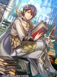 Rule 34 | 1boy, alfonse (fire emblem), armor, belt, blonde hair, blue eyes, blue hair, book, boots, cape, fire emblem, fire emblem cipher, fire emblem heroes, hair ornament, holding, holding book, multicolored hair, nijihayashi, nintendo, official art, ruins, scale armor, sitting, sword, weapon, white cape