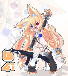 Rule 34 | 1girl, android, animal ears, arm up, assault rifle, asymmetrical footwear, asymmetrical legwear, bar censor, blonde hair, blue eyes, blue flower, breasts, censored, character name, chibi, dress, flower, full body, g41 (girls&#039; frontline), girls&#039; frontline, gun, h&amp;k g41, hair between eyes, hair ornament, heterochromia, hexaa, highres, holding, holding weapon, long hair, looking at viewer, mechanical arms, navel, open mouth, outline, panties, red eyes, rifle, see-through, see-through dress, solo, underwear, very long hair, weapon, white outline, white panties