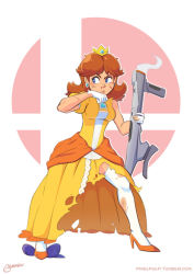 Rule 34 | 1girl, angry, blood, blue eyes, brown hair, crown, dress, earrings, feet on hat, female focus, flower earrings, frilled dress, frills, gem, gloves, gun, hand on own cheek, hand on own face, hat, high heels, jewelry, legs, mario (series), nintendo, princess daisy, puffy short sleeves, puffy sleeves, short hair, short sleeves, smoke, solo, standing, super mario land, super smash bros., thighhighs, tomboy, torn clothes, torn dress, waluigi, weapon, white gloves, yellow dress