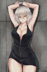 Rule 34 | 1girl, ahoge, armpits, arms up, bare arms, bare shoulders, black dress, blush, bound, bound wrists, breasts, cleavage, clenched teeth, collarbone, commentary request, cowboy shot, cuffs, dress, drop shadow, fate/grand order, fate (series), gluteal fold, grey hair, hair between eyes, highres, jeanne d&#039;arc (fate), jeanne d&#039;arc alter (fate), jeanne d&#039;arc alter (ver. shinjuku 1999) (fate), large breasts, looking at viewer, official alternate costume, restrained, shackles, short hair, sleeveless, sleeveless dress, solo, standing, teeth, thighs, wall, watarase piro, yellow eyes