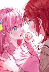 Rule 34 | 2girls, blood, blue eyes, blush, bocchi the rock!, brown shirt, cube hair ornament, finger to own nose, gotoh hitori, hair ornament, hands on another&#039;s shoulders, highres, jacket, kita ikuyo, long hair, looking at another, multiple girls, nosebleed, open mouth, pink hair, pink jacket, red hair, sailor collar, school uniform, shirt, track jacket, white background, white sailor collar, yellow eyes, yuri, zihacheol