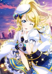 Rule 34 | 1girl, anchor print, anchor symbol, artist request, ayase eli, blonde hair, blue bow, blue eyes, blue shirt, blush, bow, city, cloud, collarbone, collared shirt, female focus, gloves, hair between eyes, hat, long hair, looking at viewer, love live!, love live! school idol festival, love live! school idol project, one eye closed, outdoors, parted lips, ponytail, puffy short sleeves, puffy sleeves, sailor collar, shirt, short hair, short sleeves, skirt, sky, smile, solo, white gloves, white hat, white shirt, white skirt