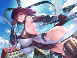 Rule 34 | 1girl, action taimanin, aoi nagisa (metalder), bare shoulders, breasts, brown hair, city, curvy, female focus, game cg, gloves, grey leotard, grey ribbon, hair ribbon, highleg, highleg leotard, holding, holding weapon, huge breasts, impossible clothes, impossible leotard, leotard, lilith-soft, looking at viewer, mature female, mizuki shiranui, official art, purple hair, red eyes, ribbon, shiny clothes, shiny skin, sky, smile, solo, source request, taimanin (series), taimanin suit, taimanin yukikaze, thighhighs, thighs, thong leotard, v, weapon