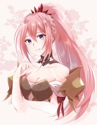 Rule 34 | 1girl, armor, black choker, blue eyes, braid, breasts, choker, cleavage, closed mouth, collarbone, detached sleeves, dress, floating hair, high ponytail, highres, long hair, long sleeves, medium breasts, off-shoulder dress, off shoulder, pink hair, shionne (tales), shoulder armor, smile, solo, tales of (series), tales of arise, upper body, very long hair, white dress, white sleeves, yutohiroya