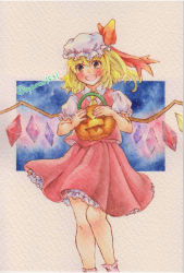 Rule 34 | 1girl, ascot, basket, blonde hair, blush, brown eyes, collared shirt, fang, feet out of frame, flandre scarlet, frilled skirt, frilled sleeves, frilled socks, frills, glowing, glowing wings, halloween bucket, hat, head tilt, highres, holding, holding basket, looking at viewer, medium hair, mob cap, multicolored wings, puffy short sleeves, puffy sleeves, pumpkin, red skirt, red vest, shin1ar24, shirt, short sleeves, simple background, skin fang, skirt, skirt set, socks, solo, touhou, traditional media, vest, watercolor pencil (medium), white hat, white shirt, white socks, wings, yellow ascot