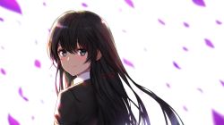 Rule 34 | 1girl, black hair, black jacket, blazer, blurry, blurry background, blush, closed mouth, commentary request, crying, crying with eyes open, depth of field, greem bang, grey eyes, hair between eyes, hair ribbon, highres, jacket, long hair, looking at viewer, looking to the side, petals, red ribbon, ribbon, simple background, smile, solo, tears, upper body, very long hair, white background, yahari ore no seishun lovecome wa machigatteiru., yukinoshita yukino