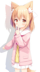 Rule 34 | 1girl, absurdres, animal ears, blush, bow, brown eyes, closed mouth, commentary request, drop shadow, finger to mouth, hair between eyes, hair bow, hand up, highres, jacket, light brown hair, long hair, long sleeves, looking at viewer, miike-chan, nakkar, open clothes, open jacket, original, pink jacket, pleated skirt, ponytail, sailor collar, shirt, shushing, skirt, sleeves past wrists, smile, solo, standing, tail, white background, white bow, white sailor collar, white skirt, yellow shirt