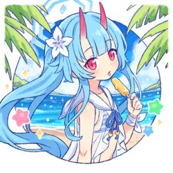 Rule 34 | 1girl, beach, bikini, blue archive, blue hair, blue halo, chise (blue archive), chise (swimsuit) (blue archive), day, flower, food, hair flower, hair ornament, halo, holding, holding food, horns, long hair, ocean, official alternate costume, onyhakase, outdoors, ponytail, popsicle, red eyes, red horns, sailor collar, solo, striped bikini, striped clothes, swimsuit, tongue, tongue out, white flower, white sailor collar