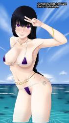 Rule 34 | 1girl, belt, bikini, black hair, braid, breasts, day, heart, heart-shaped pupils, highres, jewelry, large breasts, necklace, o-ring, o-ring belt, ocean, outdoors, patreon, standing, swimsuit, symbol-shaped pupils, tagme, v, vocher, wading