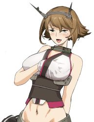 Rule 34 | 1girl, a1 (initial-g), arm behind back, black skirt, blush, breasts, brown eyes, brown hair, collar, flipped hair, gloves, grabbing own breast, hair between eyes, hand under clothes, headgear, kantai collection, large breasts, looking at viewer, midriff, miniskirt, mutsu (kancolle), pleated skirt, short hair, simple background, sketch, skirt, solo, striped clothes, striped skirt, tongue, tongue out, upper body, white background, white gloves