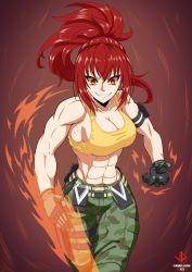 Rule 34 | 1girl, abs, alternate hair color, arm pouch, biceps, black gloves, breasts, camouflage, camouflage pants, cargo net, cleavage, crazy eyes, dark persona, earrings, evil grin, evil smile, fighting stance, flaming hand, gloves, grin, highres, jewelry, large breasts, leona heidern, long hair, muscular, muscular female, orochi leona, pants, ponytail, rape face, red eyes, red hair, sleeveless, smile, solo, sports bra, the king of fighters, triangle earrings, vermillion dice