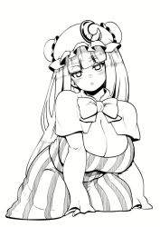 Rule 34 | 1girl, blunt bangs, blush, bow, breasts, capelet, cleavage, crescent, crescent hat ornament, dress, half-closed eyes, hat, hat ornament, himajin noizu, huge breasts, long hair, looking at viewer, mob cap, monochrome, patchouli knowledge, solo, striped clothes, striped dress, touhou, triangle mouth, vertical-striped clothes, vertical-striped dress