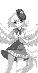 Rule 34 | 1girl, animal, animal on head, bird, bird on head, bird wings, bright pupils, dress, feathered wings, highres, looking at viewer, monochrome, multicolored hair, niwatari kutaka, on head, onkn sxkn, open mouth, puffy short sleeves, puffy sleeves, short hair, short sleeves, simple background, solo, teeth, touhou, two-tone hair, upper teeth only, white background, white pupils, wings