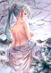 Rule 34 | 1girl, absurdres, aqua eyes, aqua hair, back, backboob, blush, breasts, cloud, floral print, flower, from behind, hair flower, hair ornament, hair up, highres, japanese clothes, kantai collection, kimono, large breasts, long hair, mountain, naked kimono, nipples, no bra, onsen, open mouth, outdoors, ponytail, scan, see-through, shirakawako, sky, snow, snowing, solo, suzuya (kancolle), tree, wading, water