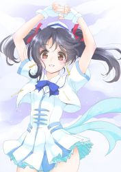 Rule 34 | 10s, 1girl, arms up, black hair, earrings, fingerless gloves, frapowa, gloves, hat, jewelry, looking at viewer, love live!, love live! school idol project, skirt, smile, solo, twintails, wonderful rush, yazawa nico