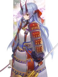 Rule 34 | 1girl, absurdres, armor, blue hair, closed mouth, commentary request, fate/grand order, fate (series), fingerless gloves, gloves, grey background, hair between eyes, hair ribbon, highres, holding, holding sword, holding weapon, horns, japanese armor, japanese clothes, katana, kimono, kyjsogom, long hair, long sleeves, looking away, oni, oni horns, puffy long sleeves, puffy sleeves, red eyes, red gloves, red ribbon, ribbon, shoulder armor, signature, sode, solo, sword, tomoe gozen (fate), two-tone background, very long hair, weapon, white background, white kimono